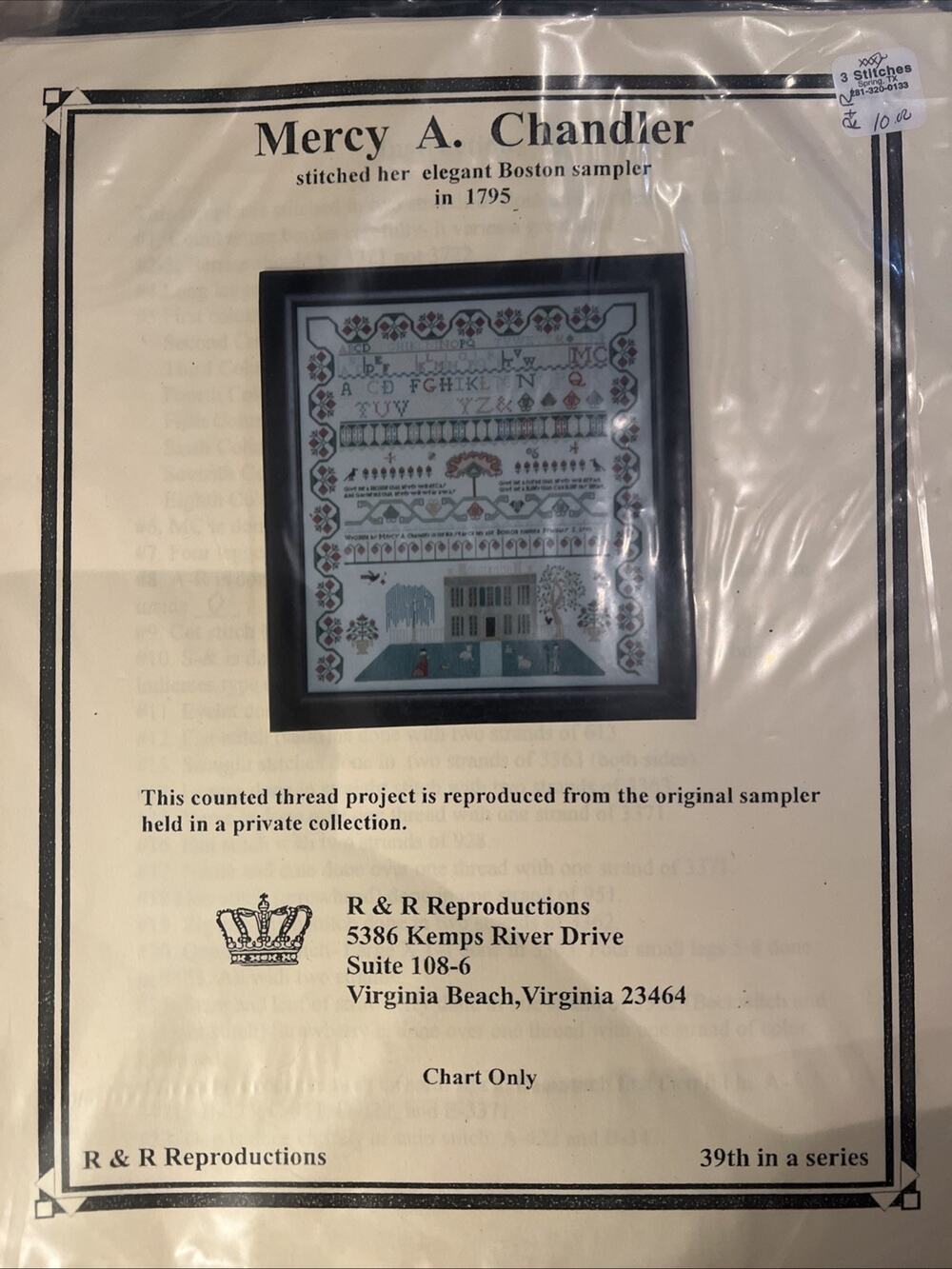 R & R Reproductions MERCY A. CHANDLER 1795 Boston Cross Stitch Sampler Chart